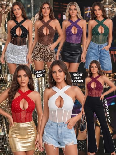 Avidlove Women Sequin Mesh Bodysuit Criss Cross Cutout Body Suit Wine Red S - image 6