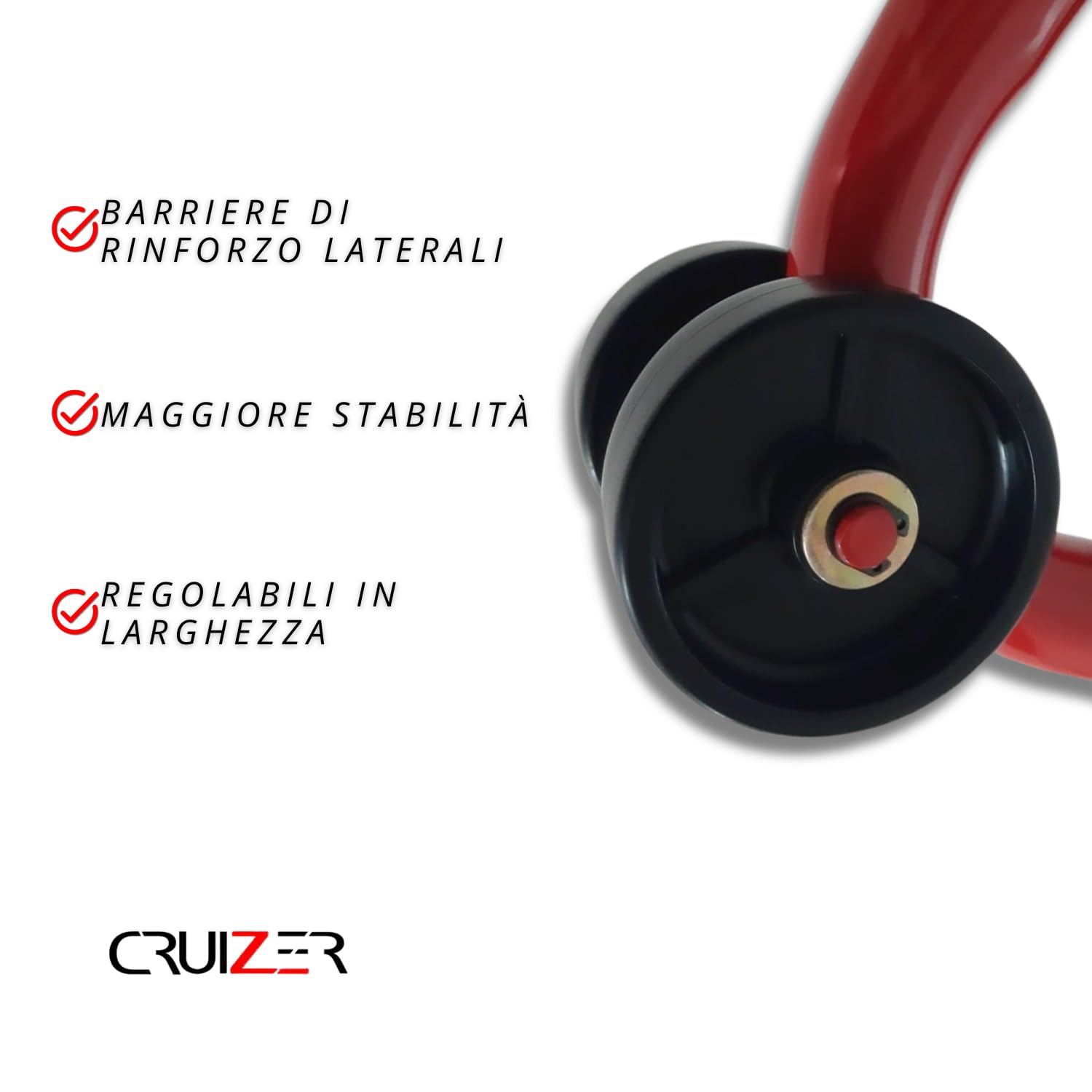 Cruizer - Cavalletto anteriore a coni regolabili universale per moto, traversine irrigidimento, 4 ruote sottostanti, portata 300 Kg