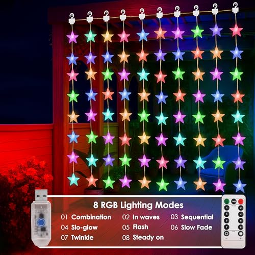 Image of Gesto 80 Star Curtain Lights - Multicolor LED Fairy Lights with 8 Modes Remote | 5V USB Powered Star String Lights for Home, Balcony, Bedroom, Christmas, Diwali Decoration & Hanging Lights(10 x 3 Ft)