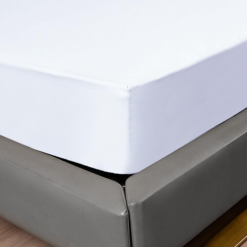 KHIM Luxury Extra Deep Fitted Sheet 16”/40CM Breathable Poly Cotton Plain Soft Long-Lasting Bed Sheet Single Double King Super King (White - Image 4
