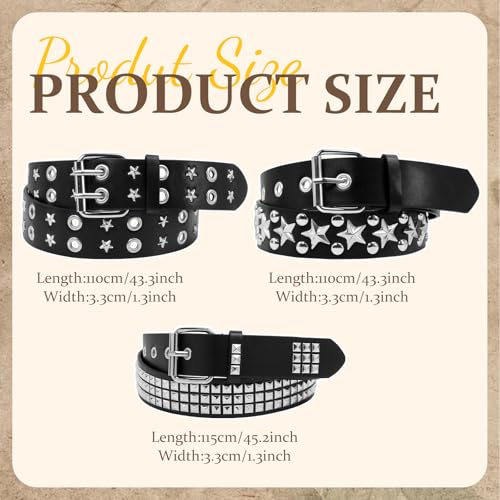 3Pcs Black Studded Belt Set, Y2K Star Belt Gothic Punk Rock Belt with Metal Pyramid Grommets for Women & Men3