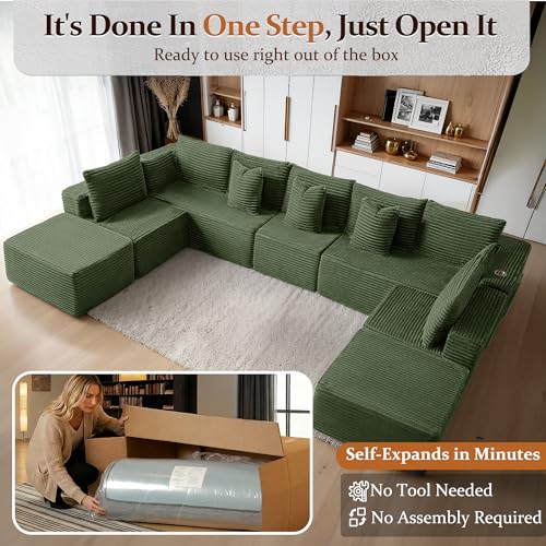 Image of 168 inch Cloud Sectional Couch, Comfort U Shaped Sofa for Living Room, Extra Deep Seats No Assembly, Minimalist Modular Couch, Corduroy (Olive Green, 9 Seats,U-Shape A)
