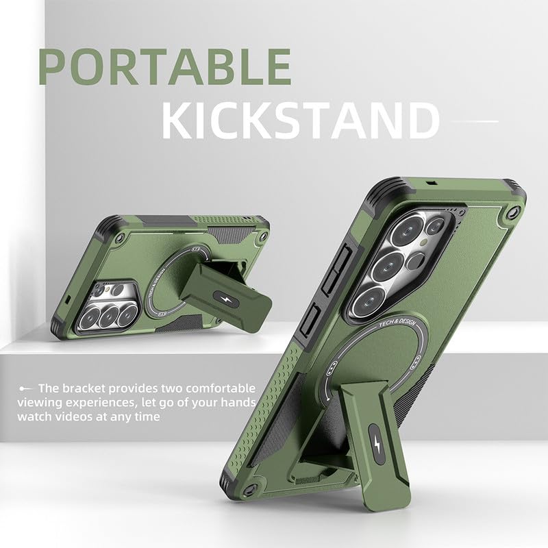 Image of US LITE Back Cover for Samsung Galaxy S26 Ultra with Portable Kickstand | MagSafe Compatible Magnetic Case | Shockproof Military Grade Protection | Extreme Protection Phone Cover - Green