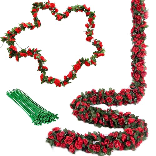 ZenyTra Lot de 3 guirlandes de roses artificielles rouges – 3 guirlandes de fleurs en soie de 2,5 m de long avec 135 fleurs pour décoration de mariage, jardin,...