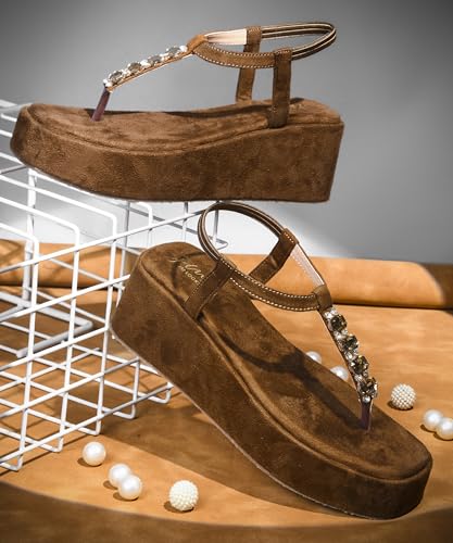 Image of JM LOOKS Soft Material Platform Wedge Sandals with Crystal T-Strap Detail and Secure Elastic Ankle Support