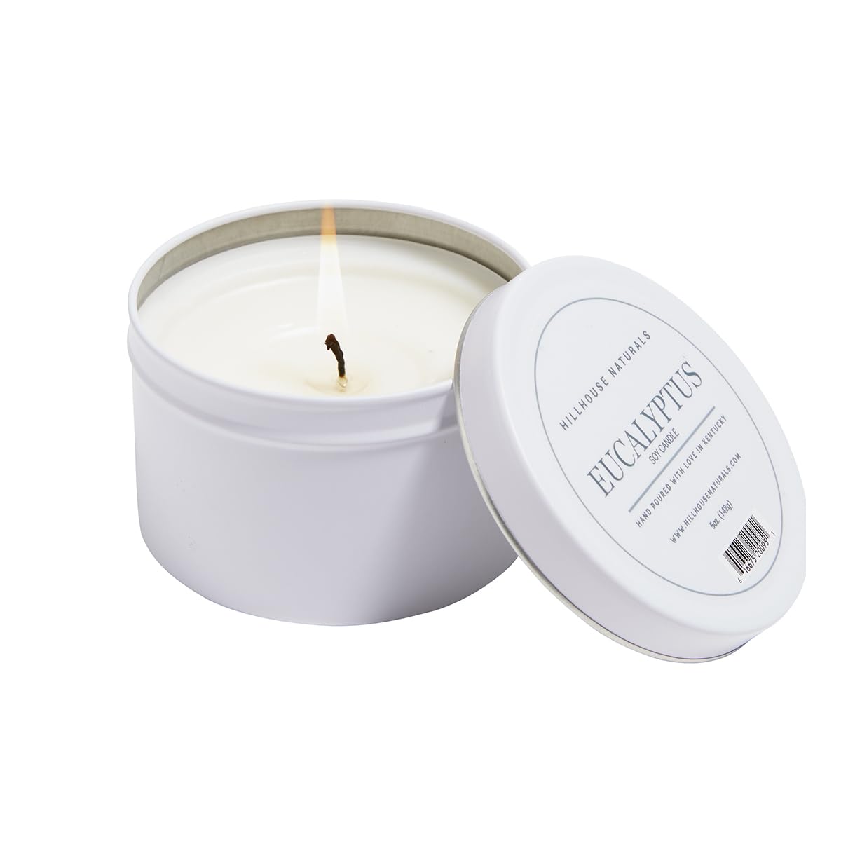 Hillhouse Naturals Eucalyptu Scented 5oz Candle Tin. with scents of Spearmint, Eucalyptus, Rosemary and Our Special Floral Blend. 100% Soy Wax Blend Made in The USA