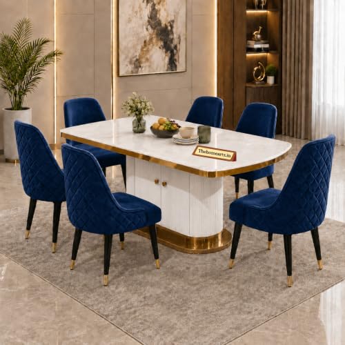 Image of 6-Seater Modern Elite Opal Storage Wooden Dining Table Set | 2 Year Warranty | Created Italian Statuario Marble Top | Elegant Composite Marble Table with 6 Chairs (Navy Blue)