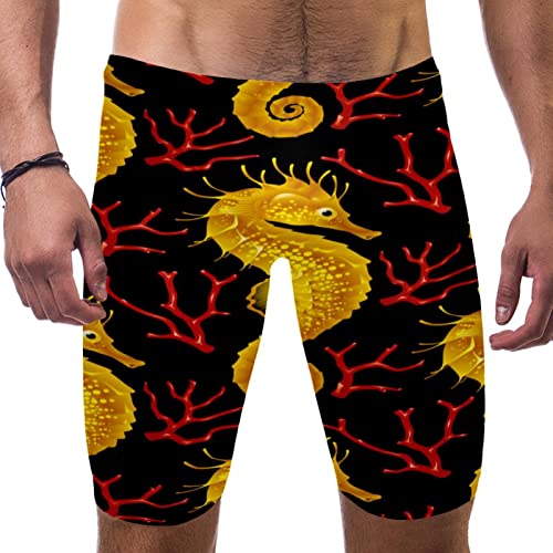 Bañador cómodo de secado rápido para hombre bañador bermuda rojo coral con caballitos de mar oro