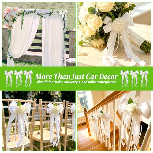 Image of 6PCS Wedding Car Door Handle Flowers, White Artificial Cars Rearview Mirror Bouquet Flower Bowknot Ribbon Decors, Just Married Automotive Decoration Accessories for Door Handles and Rearview Mirrors