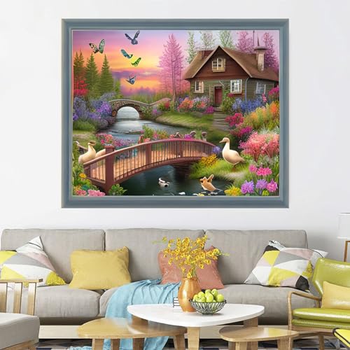 Image of Joyhoor Cross Stitch Kits for Beginners Stamped Cross-Stitch Supplies Needlework preprint Embroidery Kits for Adults DIY Needlepoint Kits Embroidery Patterns 11CT-Seaside Courtyard 16x20 inch