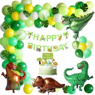 Dinosaur Birthday Party Decorations, 111Pcs Green Balloons Arch Garland Kit with Happy Birthday Banner, Dinosaurs Balloons and Cake Topper for Boys Girls Birthday Decor Jungle Safari Party Supplies