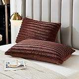 Uhamho Bed Pillowcase Standard Set of 2 Striped Faux Rabbit Fur and Velvet Back Rectangle Lumbar Pillow Covers Shams Modern Home Decorative (Coffee, 20 x 26 Inch)