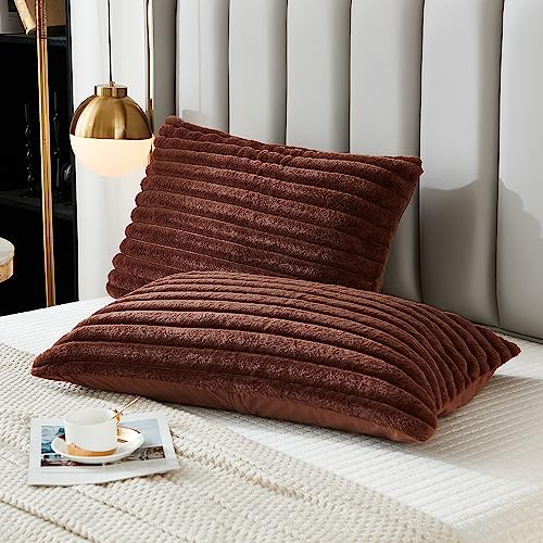 Uhamho Bed Pillowcase King Set of 2 Striped Faux Rabbit Fur and Velvet Back Rectangle Lumbar Pillow Covers Shams Modern Home Decorative (Coffee, 20 x 36 Inch)