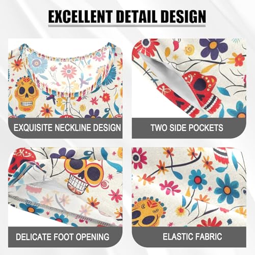 ALAZA Dia De Los Muertos Blossom Sugar Skull Pajamas Set Short Sleeve Cotton Sleepwear Summer Pjs 2 Piece 5-14Y4