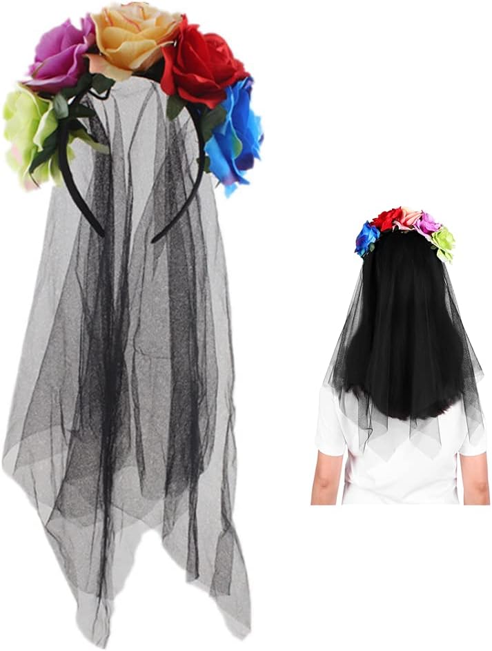 QCHOMEE Flower Headband with Black Veil Ladies Gothic Rose Garland Headwear Halloween Christmas Fancy Dress Up Costume Hair Band Accessory for Halloween Party Photography Props (Multicolour)