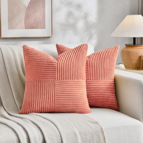 Image of Fancy Homi 2 Packs Coral Samll Decorative Throw Pillow Covers 12x12 Inch with for Couch Bed Sofa, Rustic Farmhouse Boho Home Decor, Soft Corss Patchwork Corduroy Square Peach Cushion Case 30x30 cm