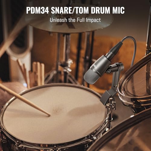 Image of Phenyx Pro PDM34 Snare Drum Mic, Cardioid Dynamic Microphone with Clip-on Microphone Clamp, Integral Stand Mount, and Long-Lasting Metal Housing