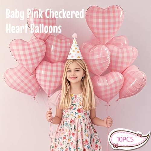 Image of 10 Pcs Pink Checked Heart Balloons, 18 Inch Baby Pink And White Plaid Heart Shaped Balloon For Romantic Wedding Propose Valentine Engagement Bridal Shower Love Graduation Party Decorations
