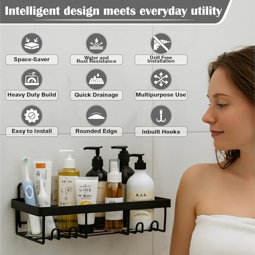 Image of JD FRESH Stainless-Steel Self-Adhesive Bathroom Organiser Without Drill /Bathroom Shelves with Magic Stickers /Wall Mounted Shower Caddy Shelf for Home Decor /Storage Rack for Kitchen - 3 Pack (Black)
