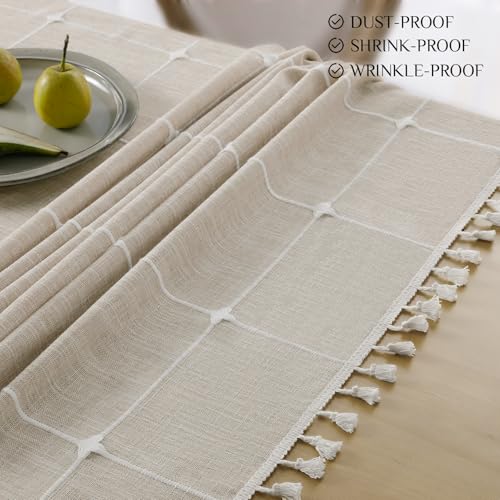 Softalker Outdoor Linen Tablecloth Rectangle, Waterproof Cotton Boho Farmhouse Table Cloths with Tassel, Heavy Weight Wrinkle Free Table Cover for Picnic Camping Dining - 55 x 70 Inch, Coffee Plaid by Softalker - Image 4
