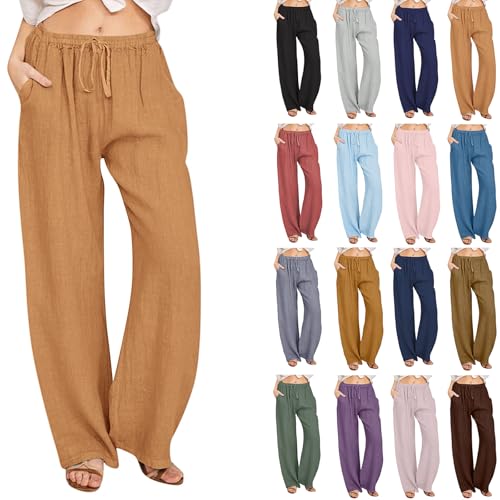 Women Linen Pants Summer Wide Leg Pants with Pockets Boho Beach Pants High Waist Drawstring Flowy Palazzo Pants