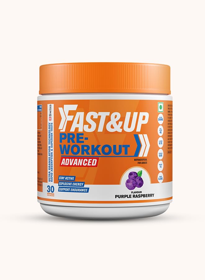 FAST&UP Pre-Workout Supplement Powder For Men & Women with B-Alanine, Creatine, Taurine For Performance & Energy Boost, Purple Raspberry 300 g (Pack Of 1)