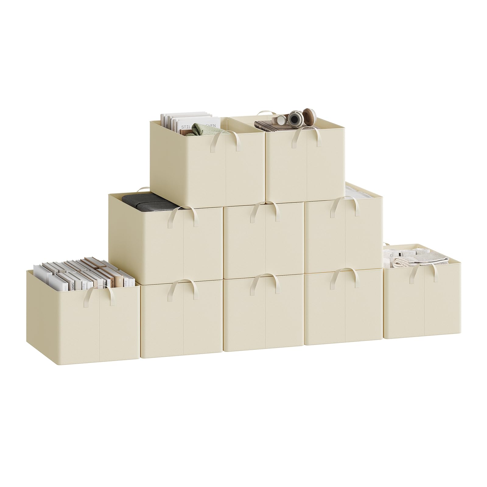 Woltu Cream Set Of 10 Foldable Storage Boxes, Fabric Storage Baskets With Handles, Wardrobe Storage Organisers, Clothes Storage Boxes For Shelves, 47X35x29cm