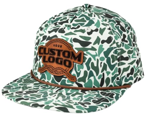 Custom Leather Patch 5 Panel Grandpa Rope Hat Adjustable Snapback - Engravable Leather Patch for Business Logo or Image