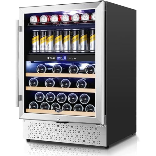 Tylza Dual Zone Wine Fridge, 24 Inch Wine and Beverage Refrigerator Built-in or Freestanding, Wine Beer Fridge Under Counter, Wine Cellar with Stainless Steel and Temperature Memory Function