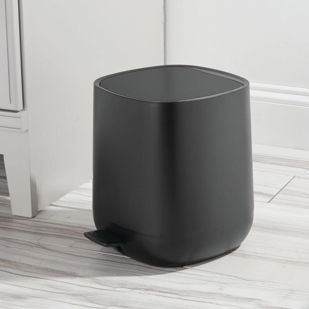 mDesign Plastic 1.3 Gallon/5 Liter Trash Can Waste Basket for Bathroom with Lid, Step Pedal Dustbin, and Removable Liner Bucket - Small Garbage Bin for Bathroom, Bedroom, or Office - Black