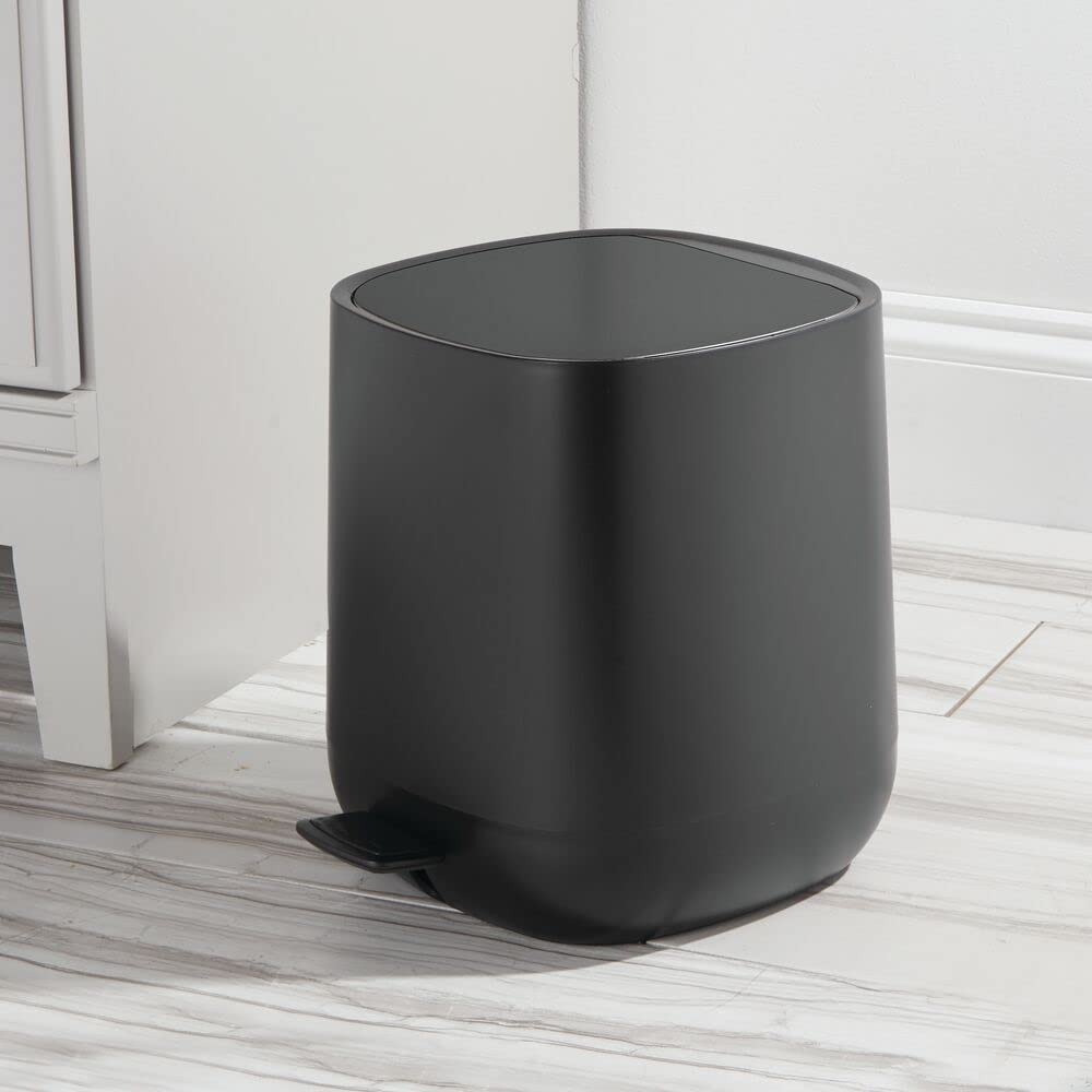 mDesign Plastic 1.3 Gallon/5 Liter Trash Can Waste Basket for Bathroom with Lid, Step Pedal Dustbin, and Removable Liner Bucket - Small Garbage Bin for Bathroom, Bedroom, or Office - Black