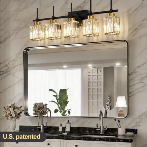 Image of Torondo Modern Crystal Bathroom Vanity Light 5-Lights Gold Bathroom Light Fixtures Over Mirror Black and Gold Vanity Lighting Fixtures Gold Square Shade Brass Wall Sconce (Bulbs Not Include)