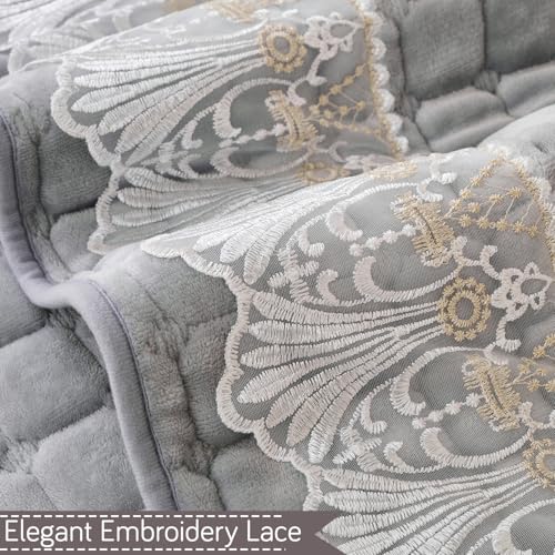 Image of HOKIPO 'BelleLace Series' Imperial Milk Velvet Sofa Backrest Mat Cover with Lace | Anti-Slip | 1 Pc - Cloud Grey (AR-6311-LGRY)