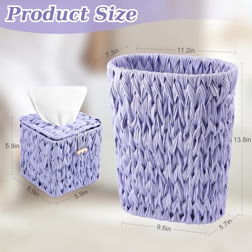 Image of Wicker Trash Can and Square Tissue Box Cover, 4 Gallon Water Hyacinth Bathroom Trash Can, Handwoven Napkin Holder,Narrow Small Waste Basket,Rustic Decorative Home Set for Bedroom,Office (Light Purple)