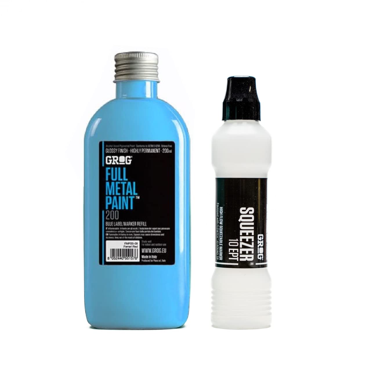 Graff-City Grog Full Metal Paint & Squeezer 10 EPT - 10mm Mop Marker & Gloss Permanent Paint Refill 200ml (Iceberg Blue)