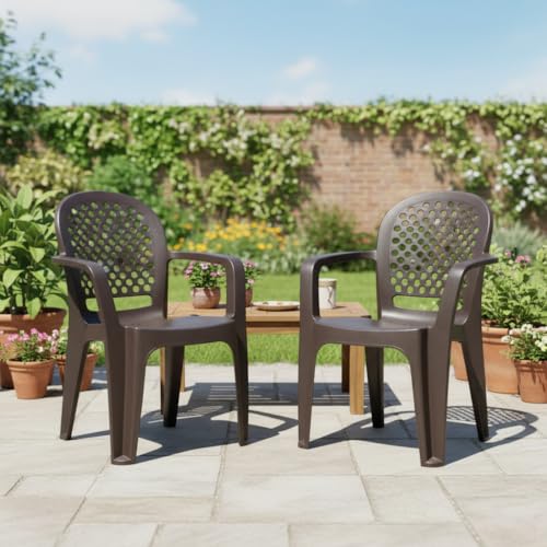 Image of Cello Crystal Armrest Plastic Chair with Matt Finish | Chairs for Home, Garden, Living Room Indoor and Outdoor Use (Colour: Brown, Set of 2)