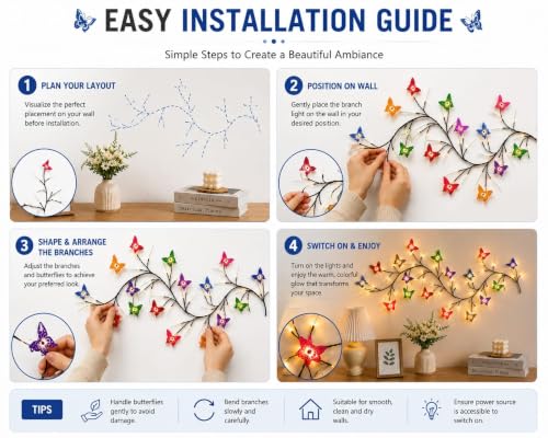 Image of P SEVEN Cherry Blossom LED String Lights, Butterfly Vine Wall LED Decor with Remote Control, USB Powered, DIY Indoor Decoration Illuminated Artificial Twig Garland(Butterfly LED Wall Decor Lights)