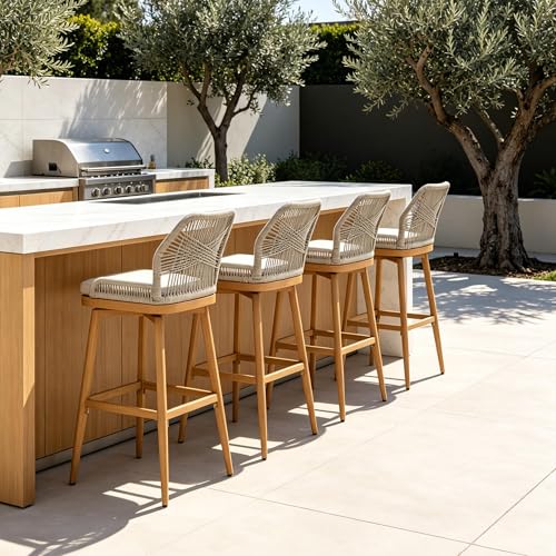 PURPLE LEAF Outdoor Swivel Bar Height Stools Set of 4 Patio 360° Rotating All-Weather Wicker High Top Stools with Back and Cushion for Outside Backyard Kitchen Bistro Garden, Teak