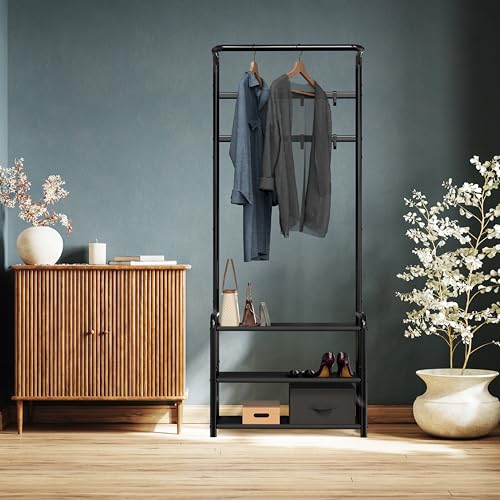 SIMPLE HOUSEWARE Coat Rack with Storage Shelf, Freestanding Hall Tree with Hooks for Entryway, Bedroom, Office, Black Metal Clothes Hanger Stand for Coats, Hats, Jackets, Bags - Black - Image 6
