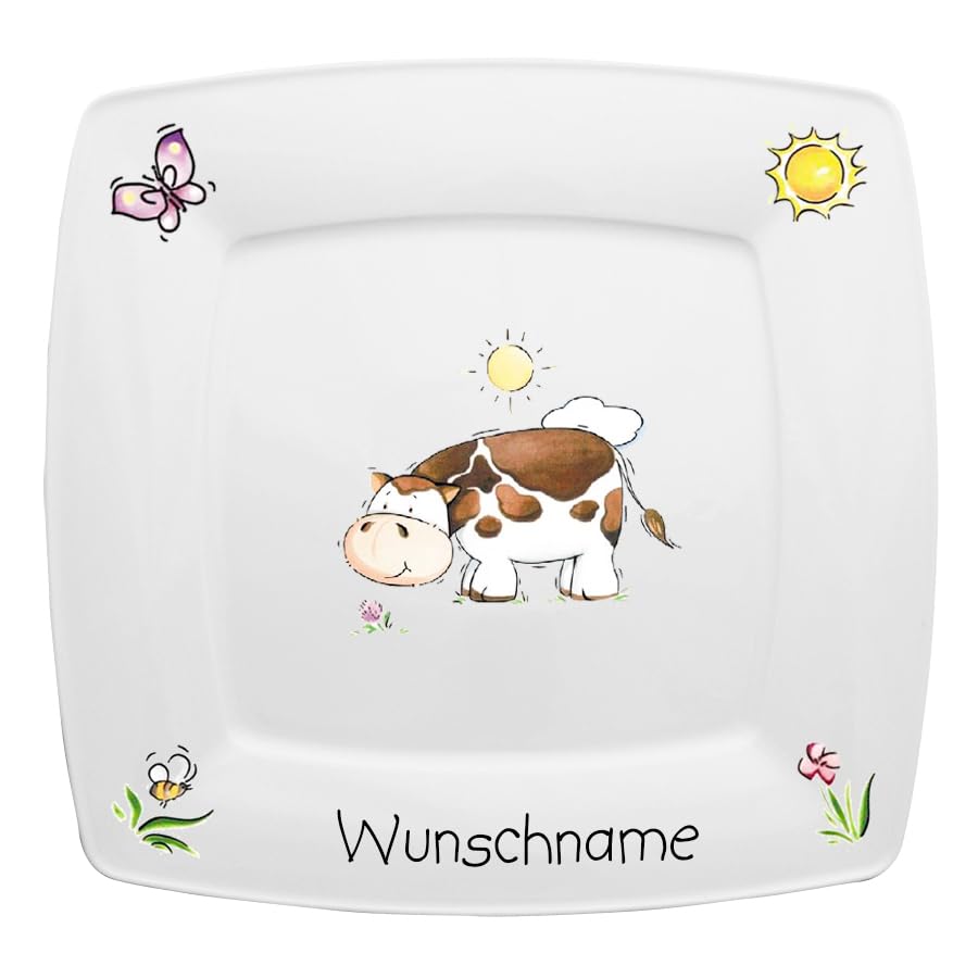 Speiseteller eckig 26cm Kinderteller Teller Porzellan Kuh personalisierbar mit Wunschname Name Kindergeschirr mit Namen personalisiert