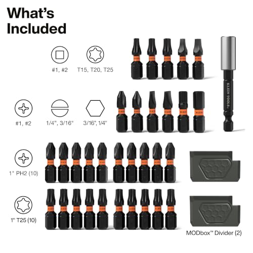 Image of Klein Tools 80212 32-Piece Impact Bit Set, ProFlex Torsion Zone S2 Steel Bits, Includes PH2 and T25, Slim MODbox Compatible Case