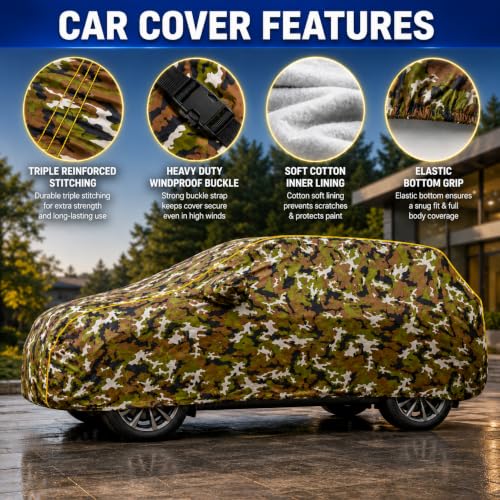 Image of Waterproof Car Cover for Innova Crysta New | Soft Cotton Lining Heavy Duty Triple Stitched Heat Resistant Outdoor Cover Comes with Mirror and Antenna Pocket Full Bottom Elastic (Zig Zag Jungle)