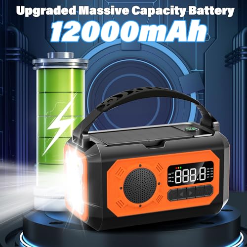 44400mWh/12000mAh Emergency Weather Radio, Hand Crank Radio Solar Radio Portable AM/FM/NOAA Radio with 2 Solar Panels 3 Charging Methods SOS Alarm 3 Mode Flashlight Phone Charger Compass Reading Lamp - Image 3