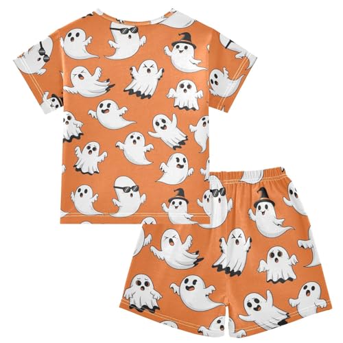 Pajama Short Sets Halloween Ghosts on Orange Soft Cotton Summer Sleepwear 2 Piece PJS Size 5-14T2