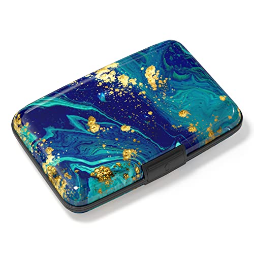 Image of Credit Card Holder, Mini Aluminum Card Wallet RFID Blocking Slim Metal Hard Card Case for Women Men, Blue Green Marbling