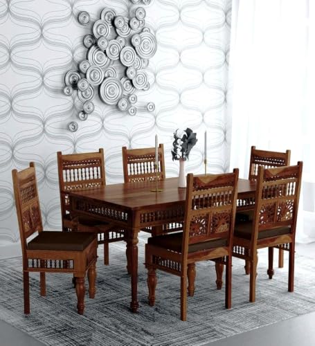 Image of Jangid Handicraft Solid Sheesham Wood Traditional Dining Table 6 Seater | Wooden Six Seater Dinning Table with 6 Chairs for Home | Chairs with Cushion | Dining Room Set for Restaurants | Natural