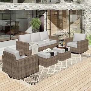 HERAS HOUSE Patio Furniture Set Outdoor Swivel Glide Chairs with 492 Wide Armrest 55 Thick Cushions 5 Pieces Outdoor Wicker Rattan Conversation Set with Ottomans for Backyard Deck Grey