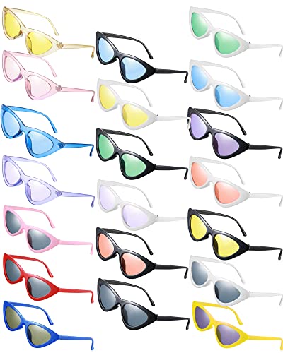 Flutesan 20 Pack Retro Vintage Narrow Cat Eye Sunglasses for Women Colorful Party Cat Eye Neon Sunglasses Plastic Frame Skinny Unisex Triangle Glasses Women's Party Favors