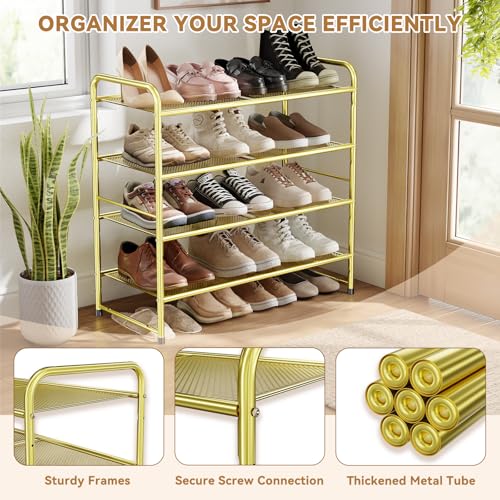 Image of Modern Shoe Rack, 4 Tier Heavy Duty Metal Mesh Shoe Shelf 27 Inch Wide, Gold