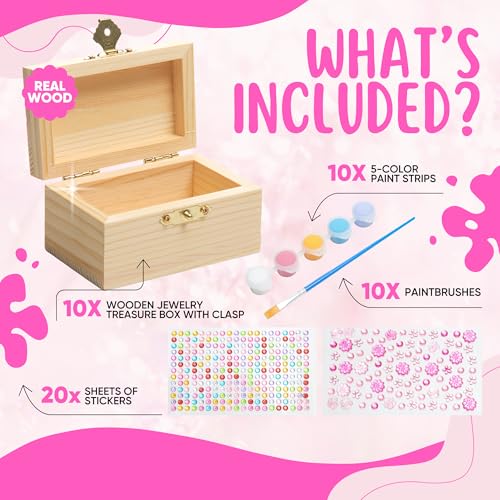 10 Sets Jewelry Box Painting Set for Kids with Stickers - Bulk Stockings & Birthday Goodie Bag Stuffer - Kids Party Favors Toy Return Gifts - Unfinished Wooden Treasure Boxes For Arts & Craft - Image 3